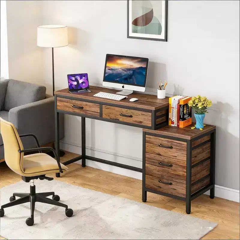 Bureau d'ordinateur moderne avec caisson à tiroirs, bureau compact à 2 tiroirs et caisson de classement à 3 tiroirs, table d'écriture pour bureau à domicile, étude