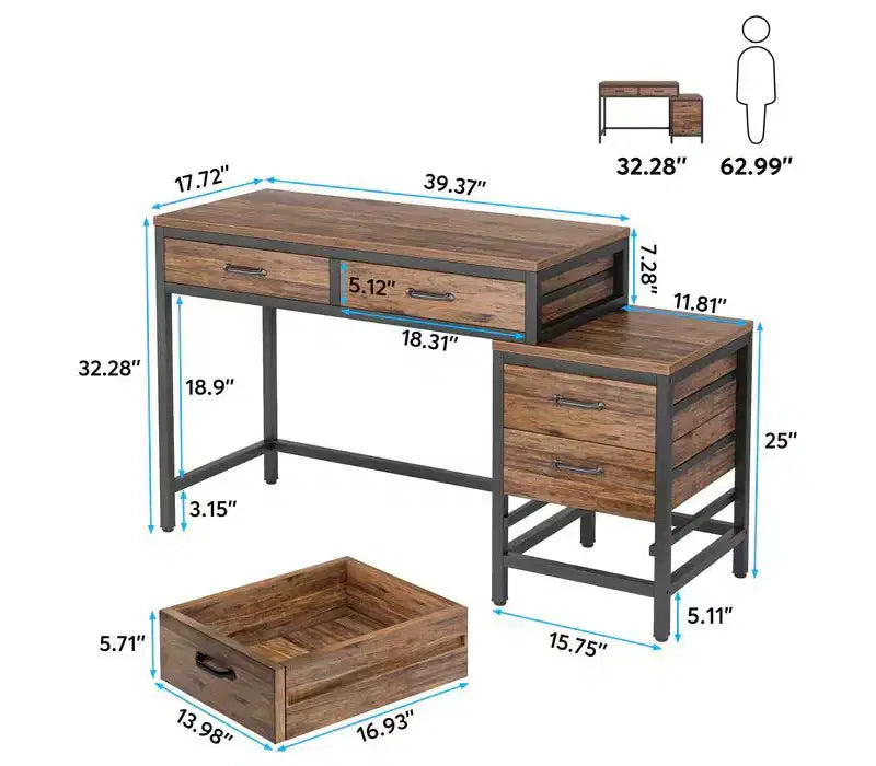 Bureau d'ordinateur moderne avec caisson à tiroirs, bureau compact à 2 tiroirs et caisson de classement à 3 tiroirs, table d'écriture pour bureau à domicile, étude