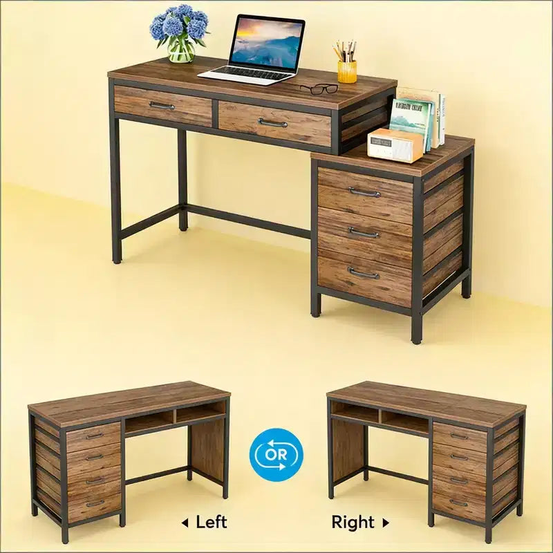 Bureau d'ordinateur moderne avec caisson à tiroirs, bureau compact à 2 tiroirs et caisson de classement à 3 tiroirs, table d'écriture pour bureau à domicile, étude