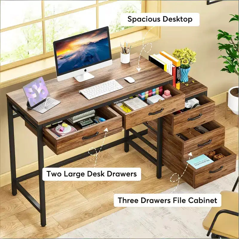 Bureau d'ordinateur moderne avec caisson à tiroirs, bureau compact à 2 tiroirs et caisson de classement à 3 tiroirs, table d'écriture pour bureau à domicile, étude