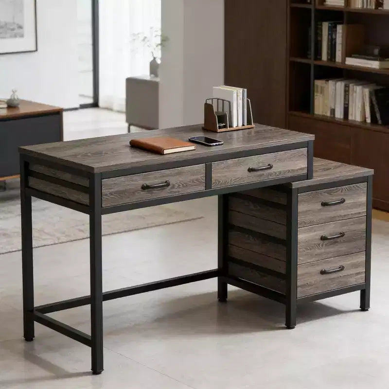 Bureau d'ordinateur moderne avec caisson à tiroirs, bureau compact à 2 tiroirs et caisson de classement à 3 tiroirs, table d'écriture pour bureau à domicile, étude