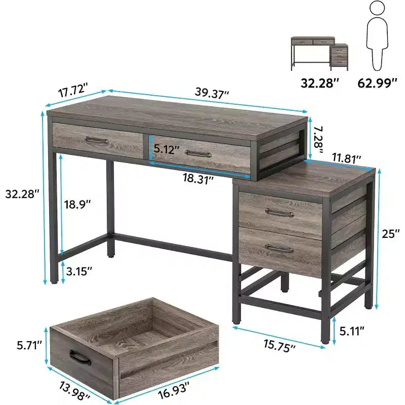 Bureau d'ordinateur moderne avec caisson à tiroirs, bureau compact à 2 tiroirs et caisson de classement à 3 tiroirs, table d'écriture pour bureau à domicile, étude