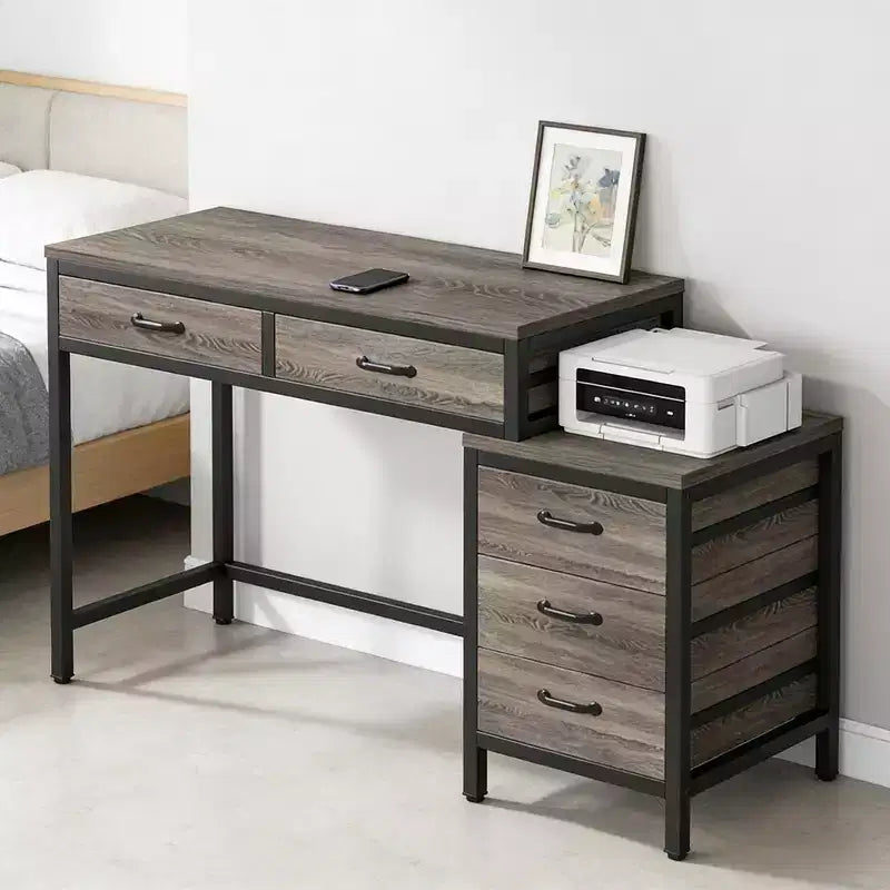 Bureau d'ordinateur moderne avec caisson à tiroirs, bureau compact à 2 tiroirs et caisson de classement à 3 tiroirs, table d'écriture pour bureau à domicile, étude