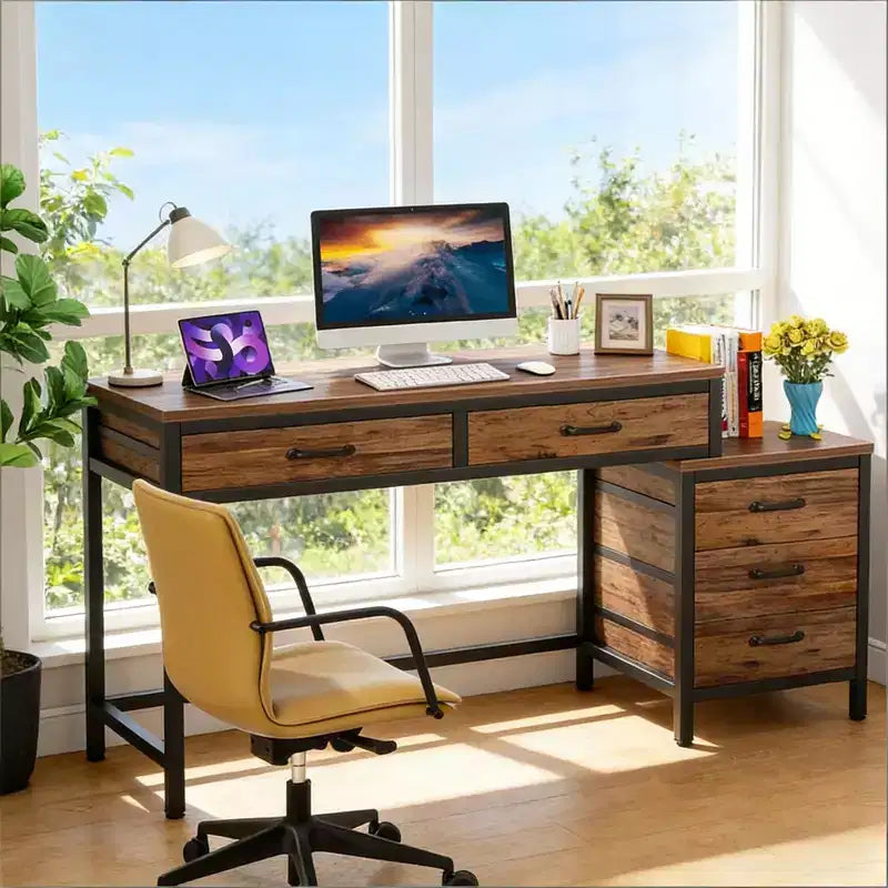 TUYOHW Modern Office Desk with Drawer Cabinet,Compact 2-Drawer Computer Desk and 3-Drawer File Cabinet,Writing Table for Home Office,Study