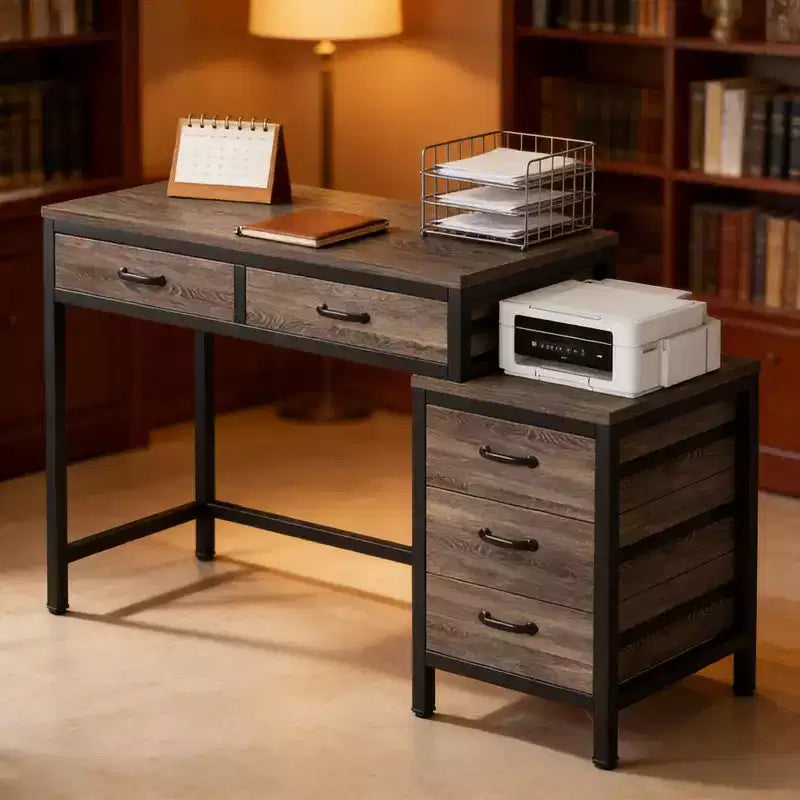 Bureau d'ordinateur moderne avec caisson à tiroirs, bureau compact à 2 tiroirs et caisson de classement à 3 tiroirs, table d'écriture pour bureau à domicile, étude