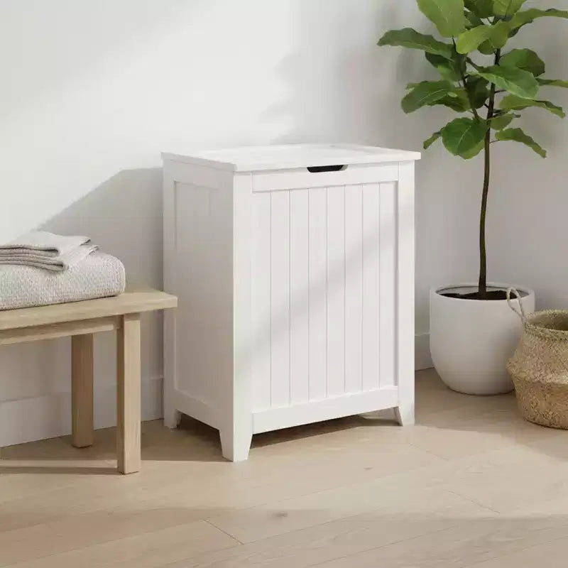 Panier à linge en bois contemporain pour chambre à coucher et buanderie, blanc