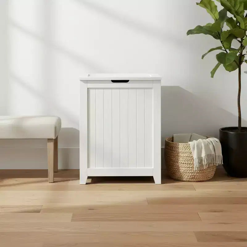 Panier à linge en bois contemporain pour chambre à coucher et buanderie, blanc