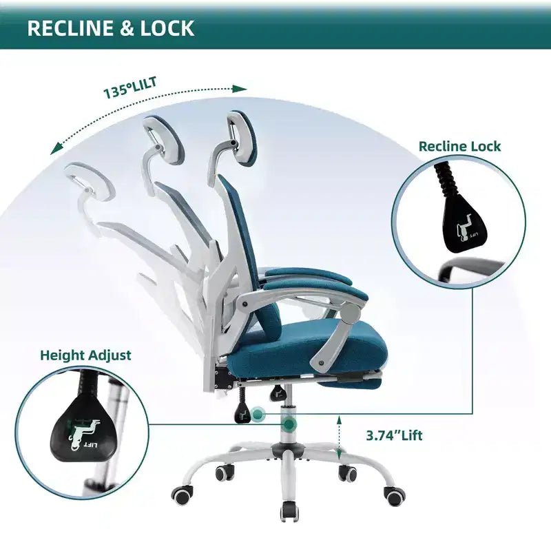Chaise de bureau ergonomique avec repose-pieds rétractable, Chaise de jeu avec coussin de soutien lombaire et accoudoirs rembourrés, Chaise pivotante pour bureau