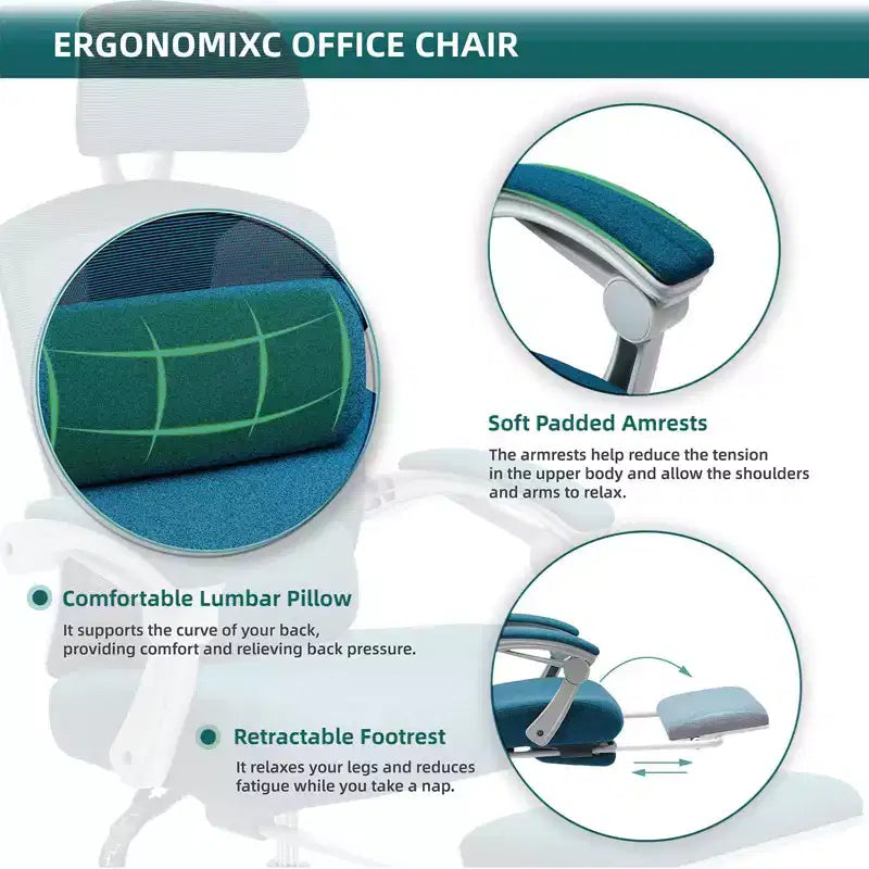 Chaise de bureau ergonomique avec repose-pieds rétractable, Chaise de jeu avec coussin de soutien lombaire et accoudoirs rembourrés, Chaise pivotante pour bureau