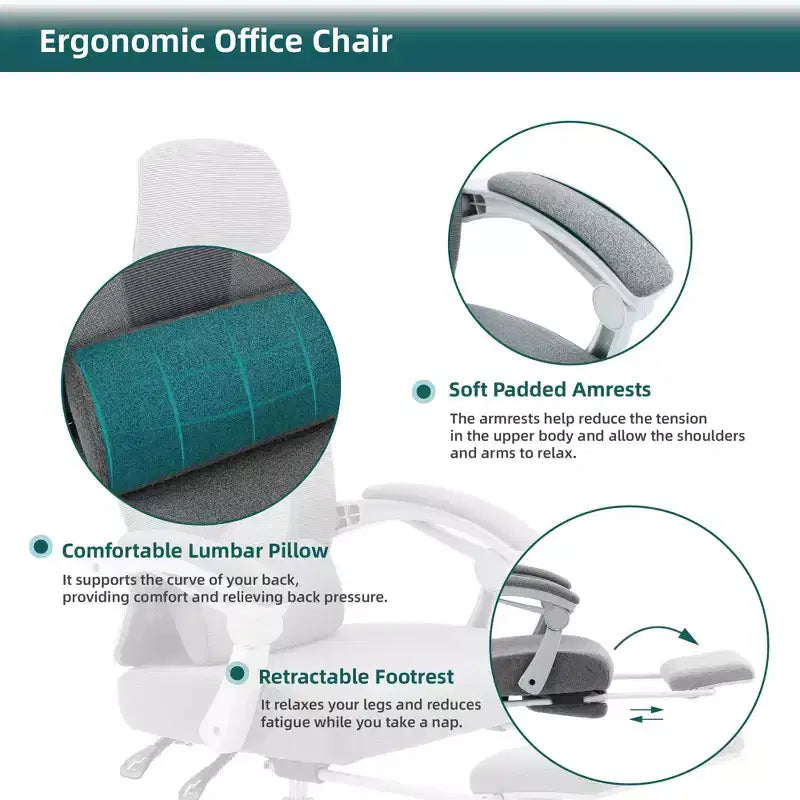 Chaise de bureau ergonomique avec repose-pieds rétractable, Chaise de jeu avec coussin de soutien lombaire et accoudoirs rembourrés, Chaise pivotante pour bureau
