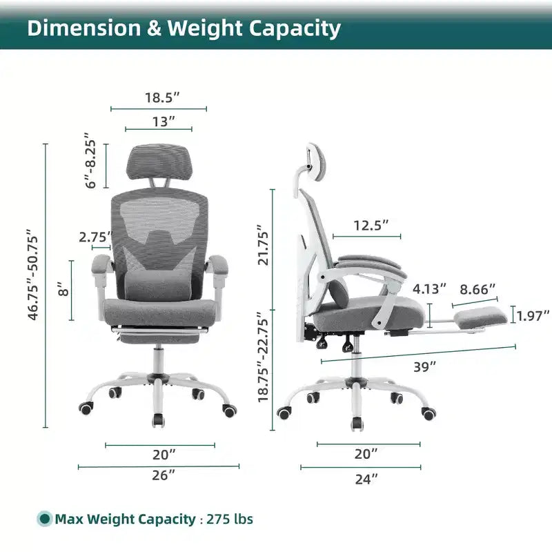 Chaise de bureau ergonomique avec repose-pieds rétractable, Chaise de jeu avec coussin de soutien lombaire et accoudoirs rembourrés, Chaise pivotante pour bureau