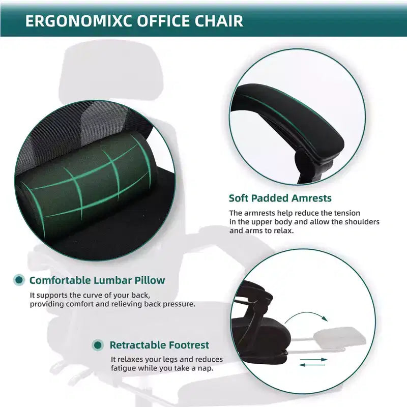 Chaise de bureau ergonomique avec repose-pieds rétractable, Chaise de jeu avec coussin de soutien lombaire et accoudoirs rembourrés, Chaise pivotante pour bureau