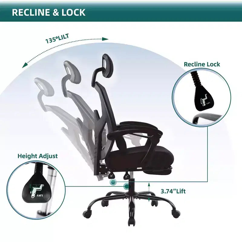 Chaise de bureau ergonomique avec repose-pieds rétractable, Chaise de jeu avec coussin de soutien lombaire et accoudoirs rembourrés, Chaise pivotante pour bureau