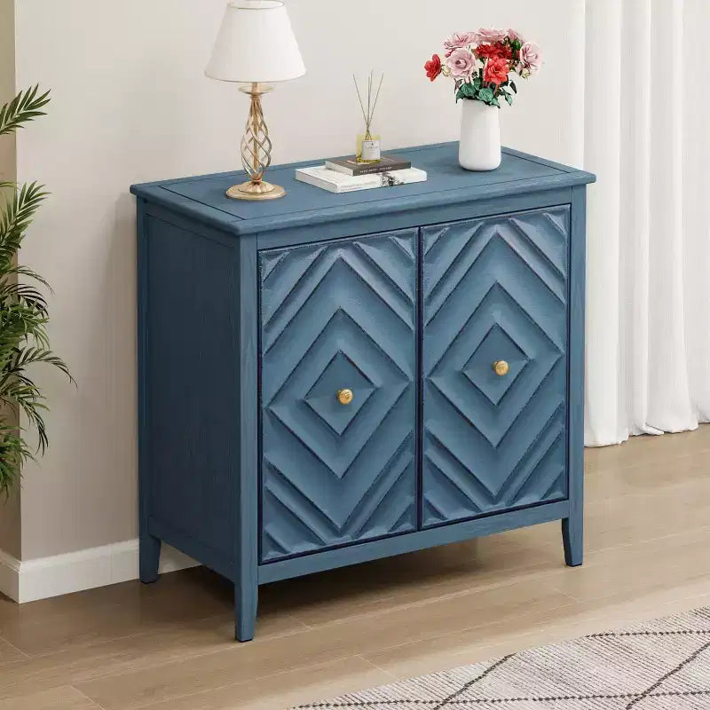 GDFStudio Jean Modern Wooden Geometric Embossed Storage Cabinet with 2 Magnetic Doors