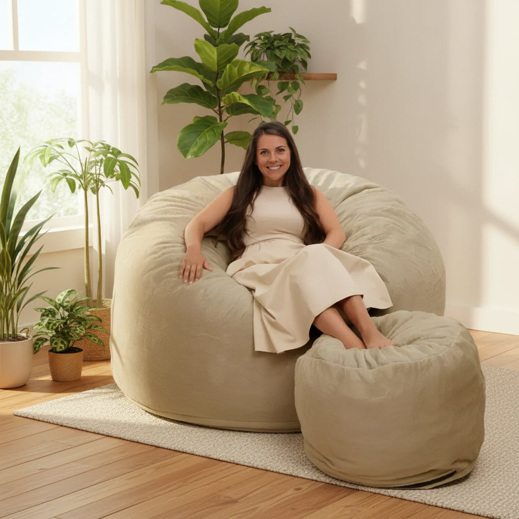Ultimate Sack 6ft Bean Bag Chair and Footstool, Oversized Lounger, Camel Fur