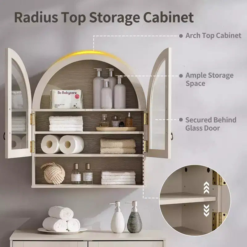 Armoire de salle de bain murale cintrée avec tiroir, 28 pouces, armoire à pharmacie moderne avec étagères réglables, rangement au-dessus des toilettes