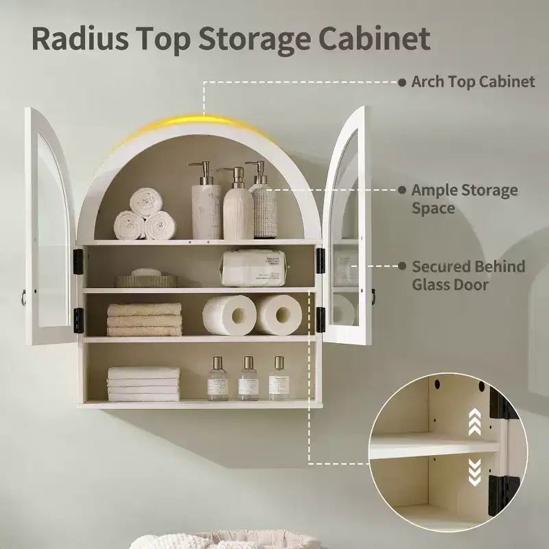 Armoire de salle de bain murale cintrée avec tiroir, 28 pouces, armoire à pharmacie moderne avec étagères réglables, rangement au-dessus des toilettes