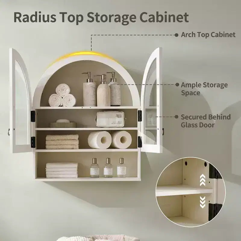 Armoire de salle de bain murale cintrée avec tiroir, 28 pouces, armoire à pharmacie moderne avec étagères réglables, rangement au-dessus des toilettes