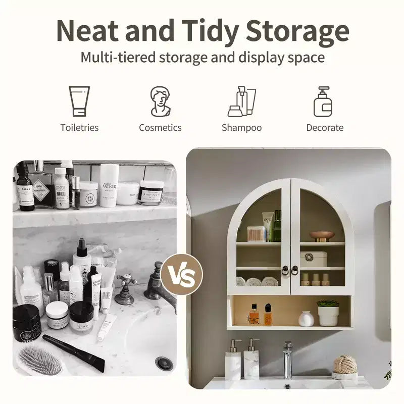 Armoire de salle de bain murale cintrée avec tiroir, 28 pouces, armoire à pharmacie moderne avec étagères réglables, rangement au-dessus des toilettes