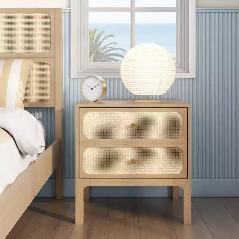 Rattan 2-Drawer Nightstand – Bohemian Bedside Table with Natural Woven Texture