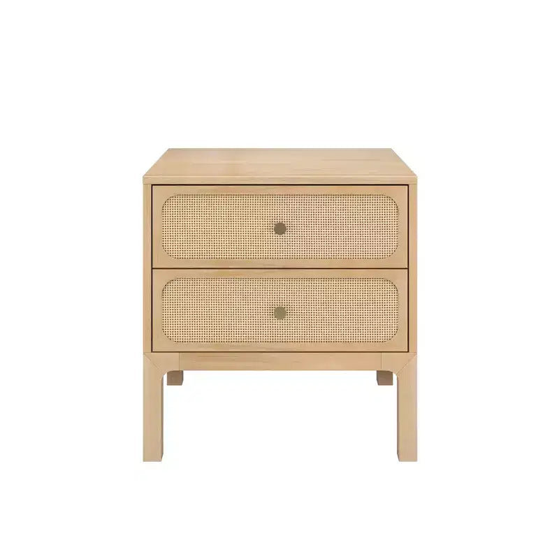 Rattan 2-Drawer Nightstand – Bohemian Bedside Table with Natural Woven Texture