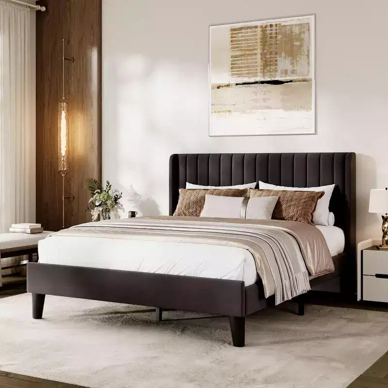 Velvet Upholstered Platform Bed Frame with Vertical Channel Tufted Wingback Headboard, Strong Wooden Slats Support, No Box Spring Needed