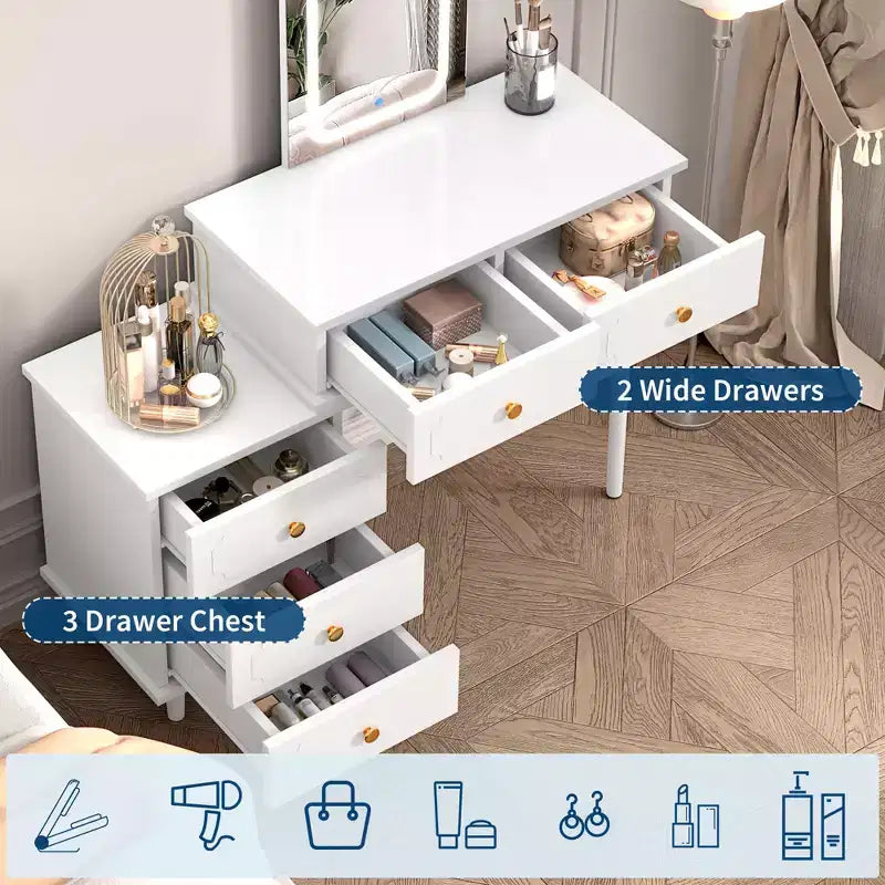 Coiffeuse avec miroir, coiffeuse moderne, 2 tiroirs et meuble à 3 tiroirs réglables, pour chambre à coucher