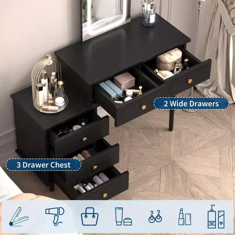 Coiffeuse avec miroir, coiffeuse moderne, 2 tiroirs et meuble à 3 tiroirs réglables, pour chambre à coucher