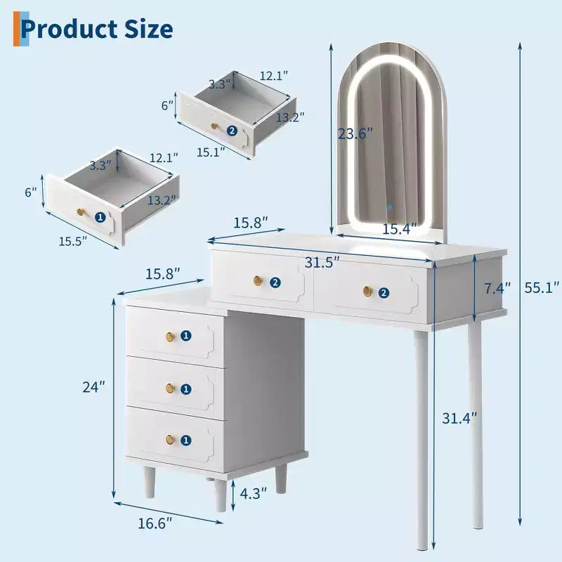 Coiffeuse avec miroir, coiffeuse moderne, 2 tiroirs et meuble à 3 tiroirs réglables, pour chambre à coucher