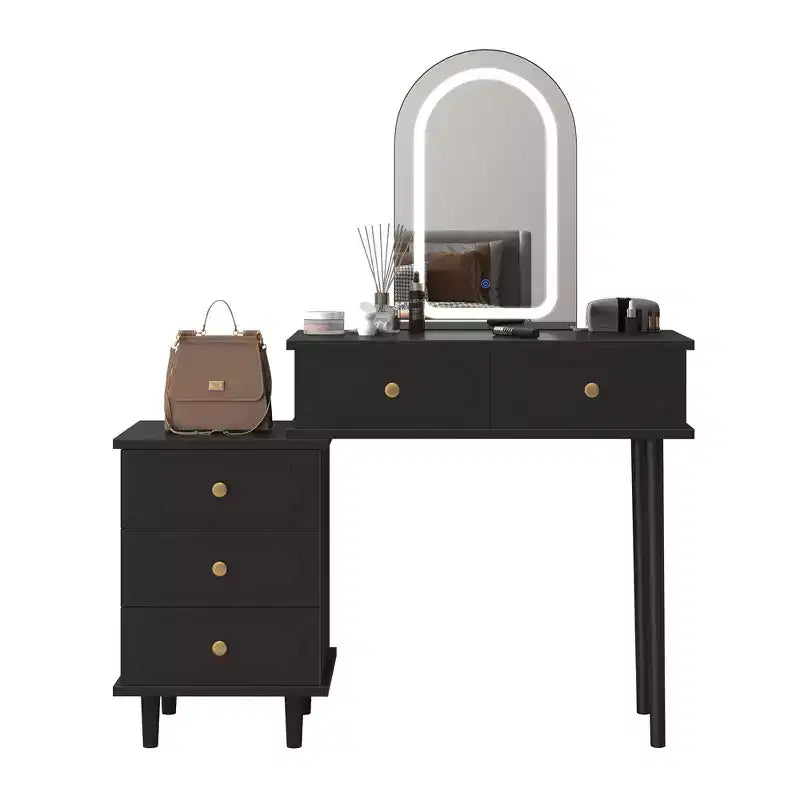 Makeup Vanity Desk with Mirror, Modern Vanity Table, 2 Drawers & Adjustable 3-Drawer Cabinet, for Bedroom