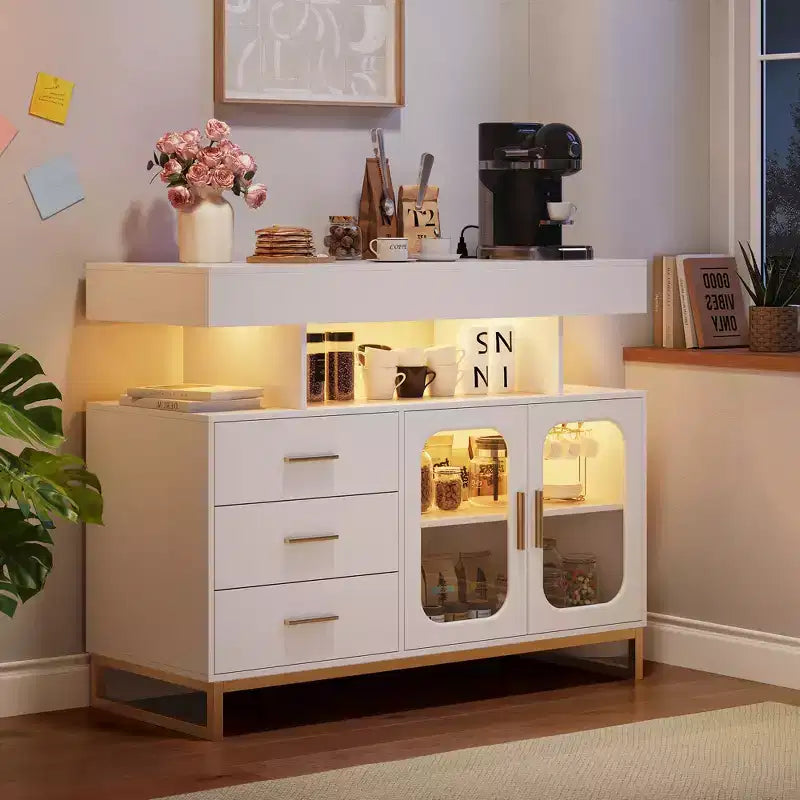 Modern Sideboard Buffet Cabinet with Auto-Sensor Lights & Built-in Charging Station, 3 Drawers & 2 Doors Storage Table for Dining Room, Kitchen