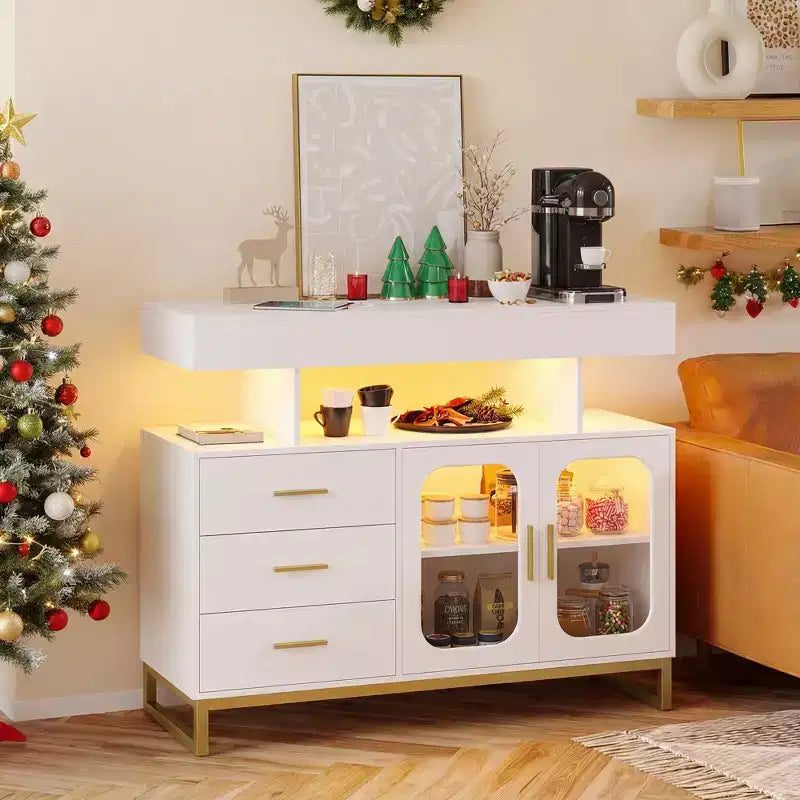 Bahut de cuisine moderne avec éclairage à détecteur automatique et station de recharge intégrée, 3 tiroirs et 2 portes pour la salle à manger et la cuisine