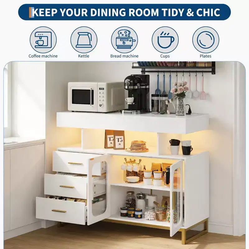 Bahut de cuisine moderne avec éclairage à détecteur automatique et station de recharge intégrée, 3 tiroirs et 2 portes pour la salle à manger et la cuisine