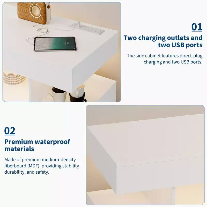 Bahut de cuisine moderne avec éclairage à détecteur automatique et station de recharge intégrée, 3 tiroirs et 2 portes pour la salle à manger et la cuisine
