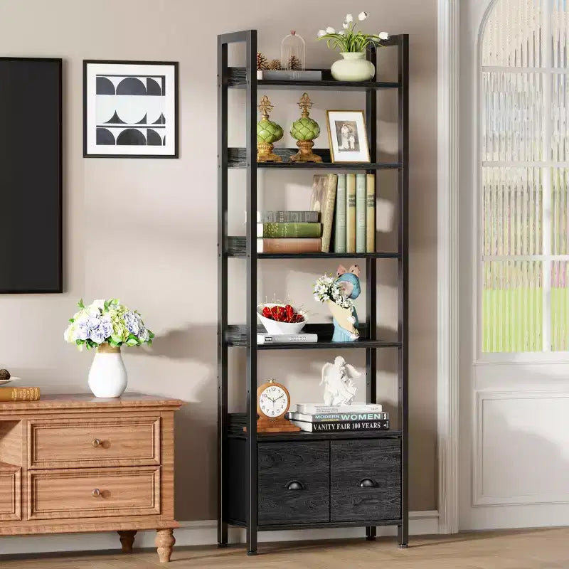 Étagère Bibliothèque Industrielle Haute à 6 Niveaux avec Deux Tiroirs de Rangement, Étagère de Présentation Autoportante en Bois et Métal pour la Maison, le Bureau, la Chambre, Chêne Noir