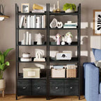 Étagère Bibliothèque Industrielle Haute à 6 Niveaux avec Deux Tiroirs de Rangement, Étagère de Présentation Autoportante en Bois et Métal pour la Maison, le Bureau, la Chambre, Chêne Noir
