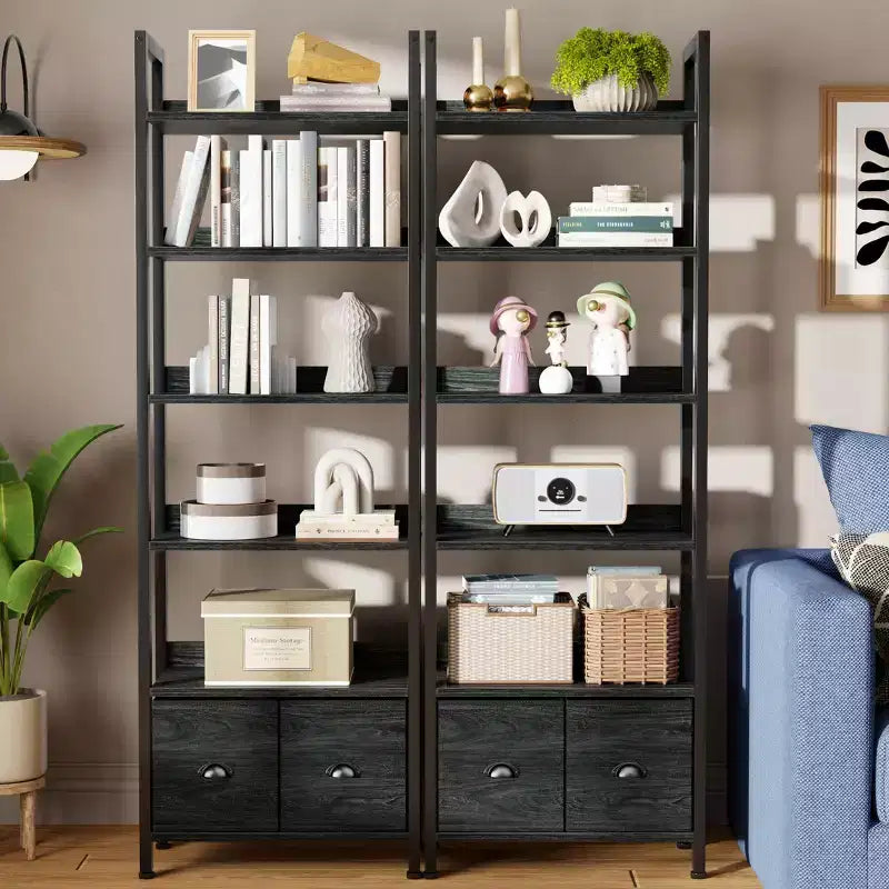 Étagère Bibliothèque Industrielle Haute à 6 Niveaux avec Deux Tiroirs de Rangement, Étagère de Présentation Autoportante en Bois et Métal pour la Maison, le Bureau, la Chambre, Chêne Noir