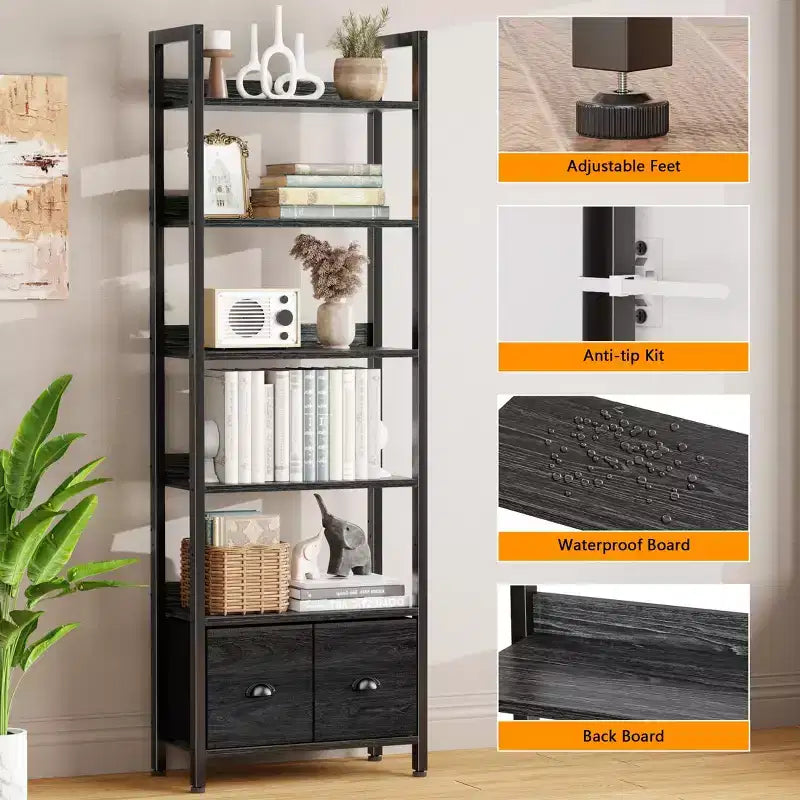 Étagère Bibliothèque Industrielle Haute à 6 Niveaux avec Deux Tiroirs de Rangement, Étagère de Présentation Autoportante en Bois et Métal pour la Maison, le Bureau, la Chambre, Chêne Noir