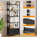 Étagère Bibliothèque Industrielle Haute à 6 Niveaux avec Deux Tiroirs de Rangement, Étagère de Présentation Autoportante en Bois et Métal pour la Maison, le Bureau, la Chambre, Chêne Noir
