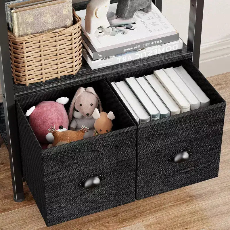 Étagère Bibliothèque Industrielle Haute à 6 Niveaux avec Deux Tiroirs de Rangement, Étagère de Présentation Autoportante en Bois et Métal pour la Maison, le Bureau, la Chambre, Chêne Noir