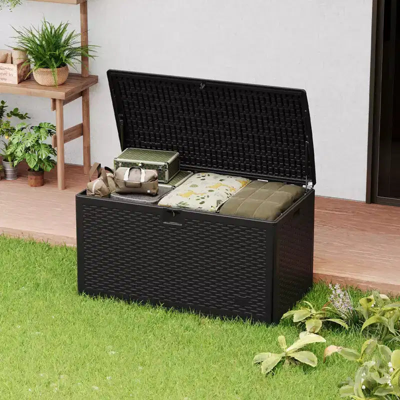 Grand coffre de rangement de terrasse étanche en résine de 276 litres, pour intérieur et extérieur, avec couvercle verrouillable, pour coussins de mobilier de jardin, oreillers décoratifs, outils de jardin