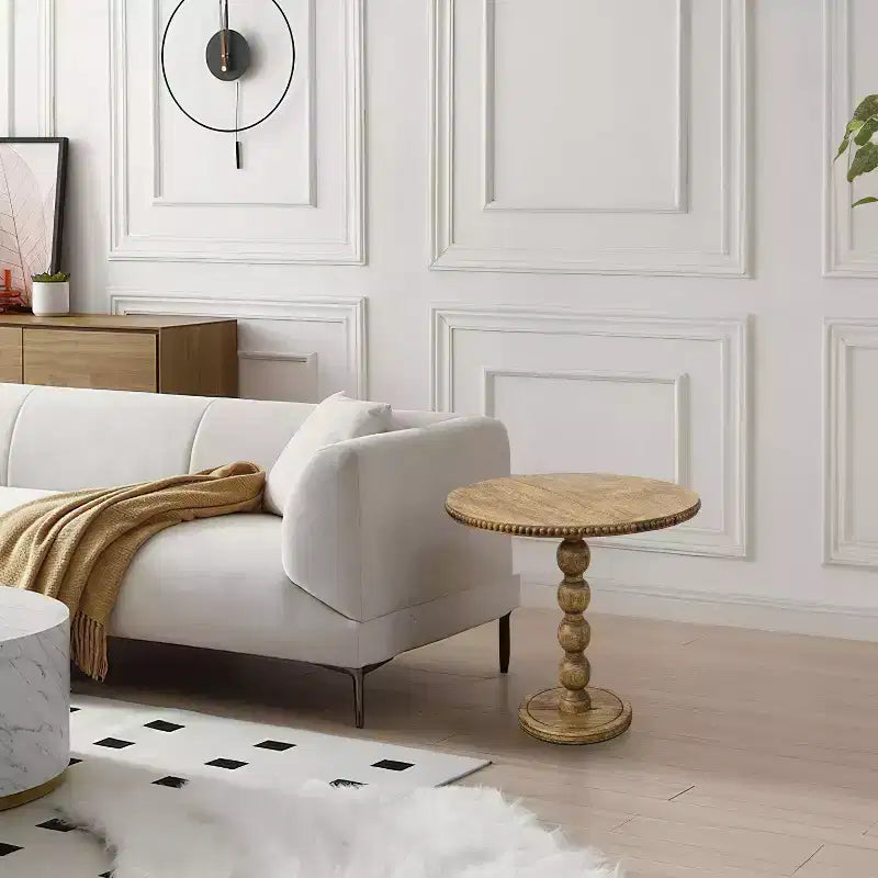 Table d'appoint de 21 po Plateau rond avec poteau à billes empilées en bois de manguier brun naturel
