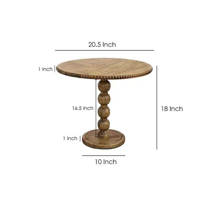 Table d'appoint de 21 po Plateau rond avec poteau à billes empilées en bois de manguier brun naturel