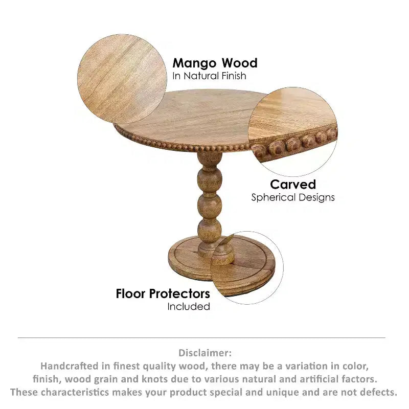 Table d'appoint de 21 po Plateau rond avec poteau à billes empilées en bois de manguier brun naturel