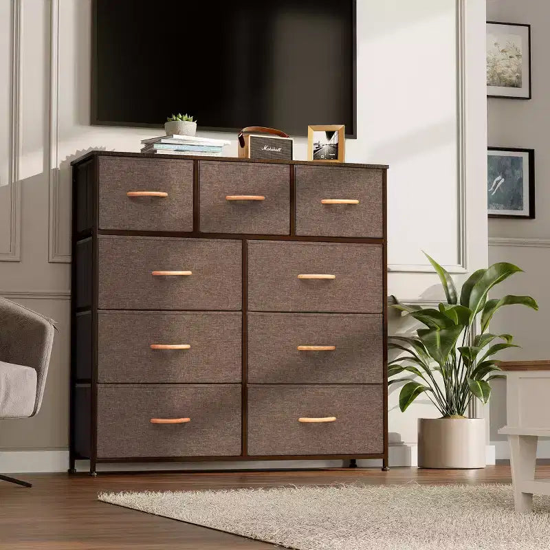 Commode en tissu extra large à 9 tiroirs pour chambre à coucher, tour de rangement pour vêtements avec cadre en acier robuste, plateau en bois et poignées en bois, bacs faciles à tirer