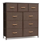 Commode en tissu extra large à 9 tiroirs pour chambre à coucher, tour de rangement pour vêtements avec cadre en acier robuste, plateau en bois et poignées en bois, bacs faciles à tirer