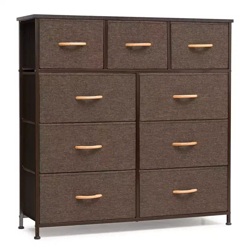 Commode en tissu extra large à 9 tiroirs pour chambre à coucher, tour de rangement pour vêtements avec cadre en acier robuste, plateau en bois et poignées en bois, bacs faciles à tirer