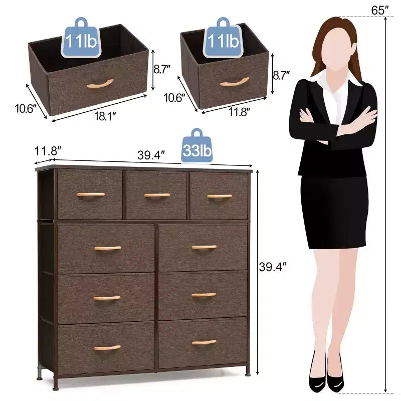 Commode en tissu extra large à 9 tiroirs pour chambre à coucher, tour de rangement pour vêtements avec cadre en acier robuste, plateau en bois et poignées en bois, bacs faciles à tirer