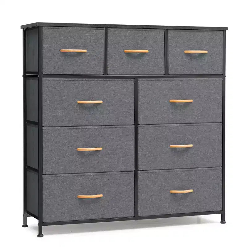 Commode en tissu extra large à 9 tiroirs pour chambre à coucher, tour de rangement pour vêtements avec cadre en acier robuste, plateau en bois et poignées en bois, bacs faciles à tirer