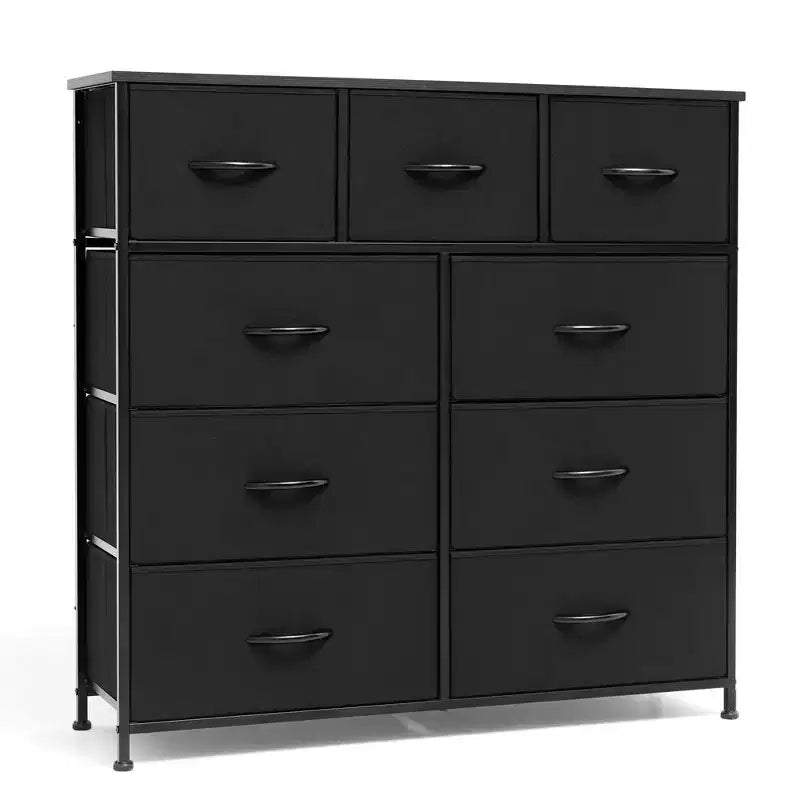 Commode en tissu extra large à 9 tiroirs pour chambre à coucher, tour de rangement pour vêtements avec cadre en acier robuste, plateau en bois et poignées en bois, bacs faciles à tirer